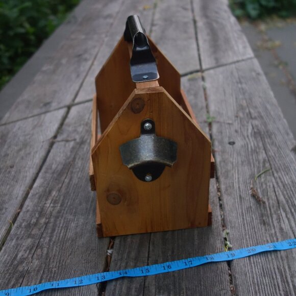 Wood Bottle Caddy with Metal Carrying Handle and Mounted Metal Bottle Opener - Picture 8 of 16